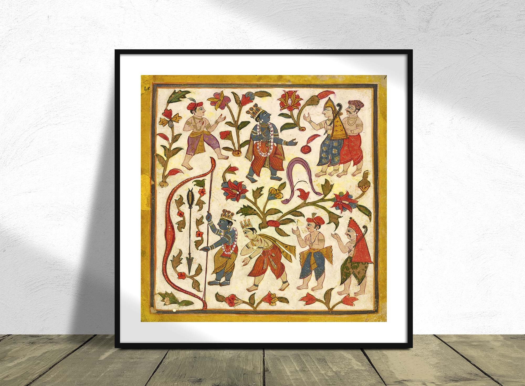 Krishna and the Bow, folio 24 from the ‘Tula Ram’ Bhagavata Purana I Square Print, Square Poster, Vintage Print, Meditation Print, India Art