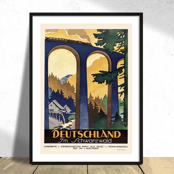 Deutschland. Im Schwarzwald - Dzubas Willy  I Travel Print, Gift Idea, German Retro Print, Vintage Poster, Railway Bridge, Forest, Mountains