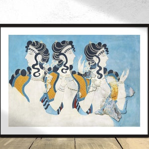 Ladies in Blue Fresco - Emile Gilliéron - Old Poster, Greek, Etruscan And Roman Antiquities Art, Three Women, Goddesses Print, Gift Idea 5x7