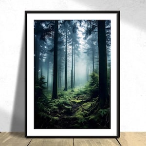 Floresta Mística | Arte gráfica, pôster de floresta, ilustração de paisagem, impressão de floresta mística, arte da natureza, impressão de neblina, pôster de árvores, floresta misteriosa