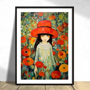 Chica en jardín colorido / Arte gráfico, Cartel de chica, Jardín colorido, Estilo Gustav Klimt, Estilo Picasso, Prado de flores, Arte de la naturaleza, Sombrero rojo