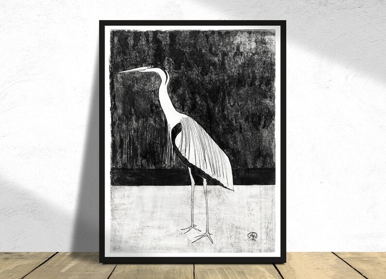 May include: Black and white illustration of a heron standing on a white surface. The heron is facing left and has a long neck and beak. The background is black and textured.