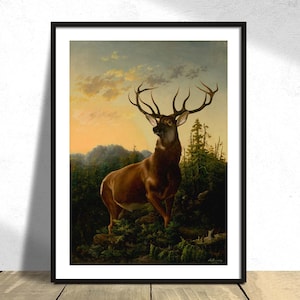 Ciervo en el paisaje del bosque - Alexander Brodszky I Animal salvaje, arte botánico, cartel de ciervo, estampado animal, cartel del bosque, paisaje agradable, puesta de sol