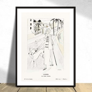 Cannes Par Roger Chastel | Frau Illustration, Jugendstil Druck, Reproduktion Dez, Retro Poster, Mode Poster, Spaziergang mit den Hunden, 70x100