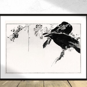 Cuervos japoneses posados en una rama - Seitei Kacho Gafu / Impresión botánica, Pájaro vintage, Reproducción de carteles, Arte retro, Naturaleza japonesa, Regalo