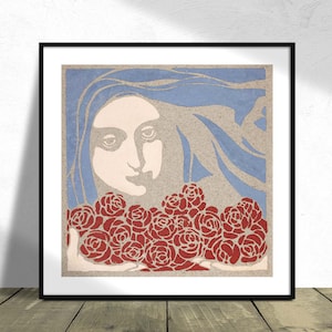 Cabeza de mujer con rosas - Koloman Moser I Impresión cuadrada, Póster cuadrado, Impresión vintage, Reproducción de póster, Arte gráfico austriaco, Impresión de mujer
