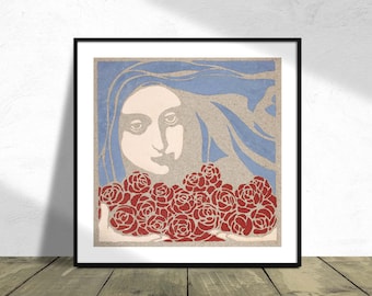 Woman’s Head with Roses - Koloman Moser I Square Print, Square Poster, Vintage Print, Poster Reproduction, Austrian Graphic Art, Woman Print