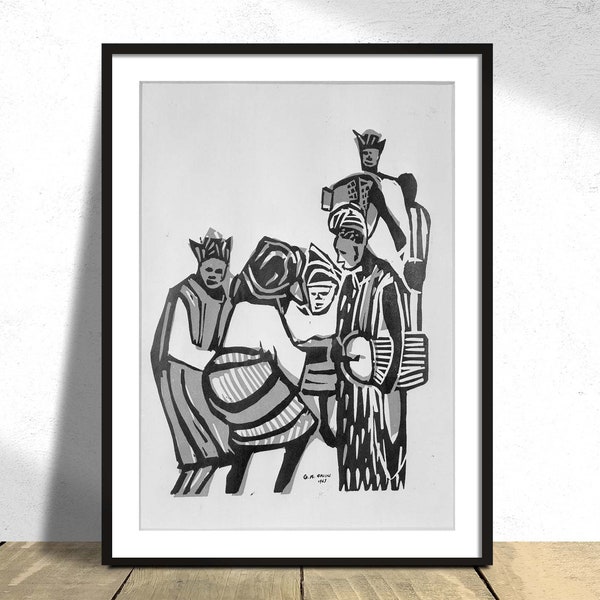 Danse sur le tambour parlant - Godfrey A. Okiki | affiche vintage, impression rétro, noir et blanc, art africain moderne, oeuvre nigériane, décoration murale