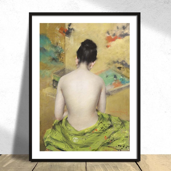 Femme japonaise nue posant sensuellement - William Merritt Chase I Art japonais, Geisha vintage, Reproduction d'affiche, Kimono japonais imprimé rétro