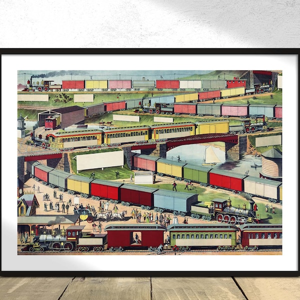 Train de voyageurs et de marchandises en zigzag | Wagons colorés, affiche rétro, impression vintage, décoration murale, locomotive de train, cadeau d'amant de train de décembre de chemin de fer