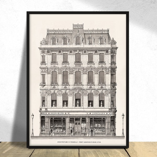 Vintage illustration of Architecture in Piccadilly published in 1870 - Arthur Cates | House Poster, Vintage Print, Architecture Art Decor A2
