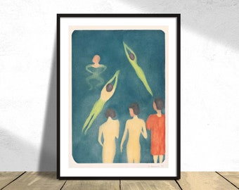 May include: A vintage art print depicting five figures in a swimming pool. Four figures are submerged in the water, while one figure stands on the edge of the pool, looking down at the swimmers. The print is done in a muted colour palette of greens, blues, and yellows.