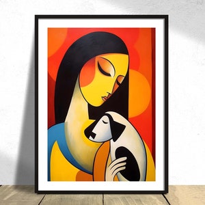 Donna con ritratto cane / donna, arte grafica, stampa cane, poster colori pastello, stile Picasso, immagine astratta, regalo amante dei cani