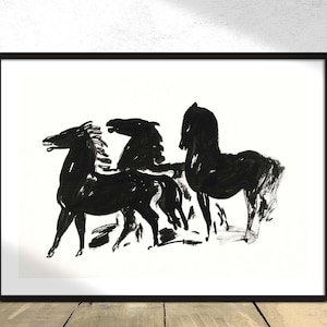 Three Black Horses - Leo Gestel | Duch Art, Vintage Print, Poster Reproduction, Modernism Artwork, B&W Poster, Animal Print, Gestel Wall Dec