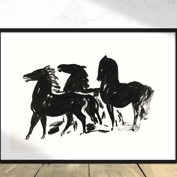 Three Black Horses - Leo Gestel | Duch Art, Vintage Print, Poster Reproduction, Modernism Artwork, B&W Poster, Animal Print, Gestel Wall Dec