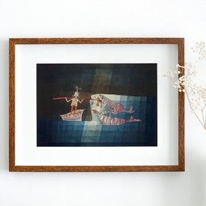May include: A framed illustration of a person in a boat with a long stick, facing two large fish with open mouths. The background is a dark blue and brown watercolor wash.