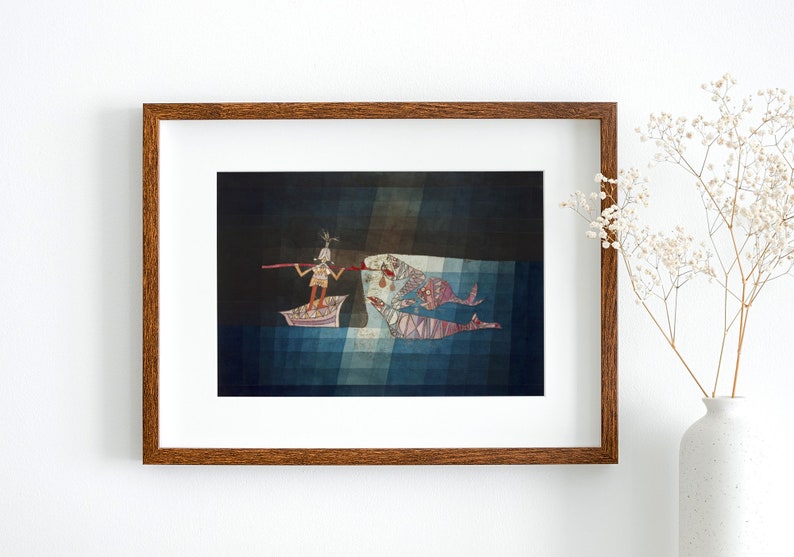 May include: A framed illustration of a person in a boat with a long stick, facing two large fish with open mouths. The background is a dark blue and brown watercolor wash.