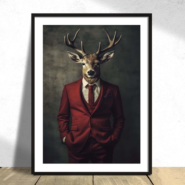 Deer in a suit | Graphic Art, Deer Poster, Funny Poster, Abstract Deer Art, Retro Style, Animals in Clothes, Pet Portrait in Suits,Dear Head