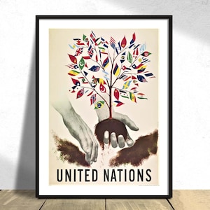 Naciones Unidas - Henry Eveleigh I Cartel vintage, Idea de regalo, Impresión retro, Banderas históricas, Diseñador gráfico canadiense, "Árbol de la paz"