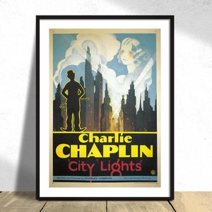 Charlie Chaplin - Lichter der Stadt | Stilles Kino, Filmplakat, Werbedruck, alte Illustration, altes Kino Wandkunst, 20.Jahrhundert, Retro