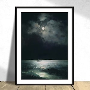 Das Schwarze Meer bei Nacht - Ivan Aivazovsky I Vintage Poster, Wanddekor, feine Geschenkidee, Seereisen, dunkles Kunstwerk, Schiff Poster, Mond Poster,