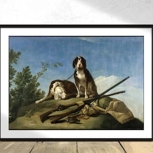 Cães e artigos de caça - Francisco Goya | Arte clássica, impressão de reprodução, pôster retrô, decoração de cachorro, cachorro minimalista, decoração de casa, a4