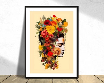 Woman Head With Flowers | Woman Portrait, Graphic Art, Woman Print, Beautiful Woman Poster, Loveliness, Beauty Poster, Frida Style Print