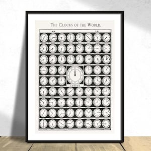 May include: A black and white vintage illustration of a chart showing the clocks of the world. The chart is titled "The Clocks of the World." and shows the time in different cities around the world compared to London.