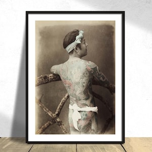 Japanese Tattoo I - Kusakabe Kimbei  or Baron Raimund von Stillfried | Old Photography Poster, Vintage Print, Retro Art, Gift Idea Naked Man