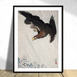 Eagle Flying in Snow - Ohara Koson | Retro Print, Vintage Bird, Poster Reproduction, Ornithology Illustration,Nature, Japanese, Far East Art
