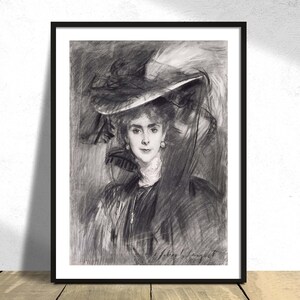 Portret baronowej de Meyer – John Singer Sargent | Wystrój w stylu vintage, Ilustracja, Dekoracja retro, Plakat z kobietą, Czarno-biała sztuka A1