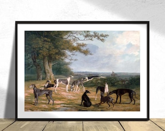 Nine Greyhounds in a Landscape-Jacques–Laurent Agasse | Classic Art,Reproduction Print, Retro Poster, Dog Decor, Landscape Poster, Swiss Art