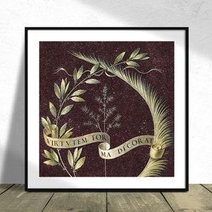 Corona de laurel, palma y enebro con un pergamino inscrito Virtutem Forma Decorat - Leonardo da Vinci I Square Print, Square Poster, Art