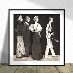 Puede incluir: Una ilustración en blanco y negro de cuatro personas, tres mujeres y un hombre, de pie en fila. Las mujeres llevan vestidos largos y sombreros. El hombre lleva una camisa sin mangas y pantalones. Él está sosteniendo una raqueta de tenis.