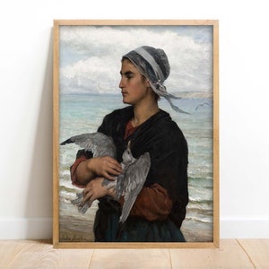 May include: A painting of a woman in a blue and white headscarf holding a seagull in her arms. The woman is wearing a dark brown jacket and a blue skirt. The background is a seascape with a cloudy sky.