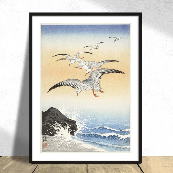 Fünf Möwen über Turbulenten Meer- Ohara Koson | Japanische Kunst, Botanischer Druck, Vintage Vogel, Poster Reproduktion, Retro, Natur asiatisch modern