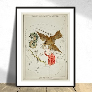 Ilustración de la carta astronómica de Delphinus, Sagitta, Aquila y Antinous-Sidney Hall / Constellation Star Map Poster Astrology Dec