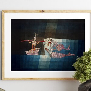 May include: A framed illustration of a person in a boat with a long stick, fishing for a group of fish with a geometric pattern. The background is a dark blue with a light blue grid pattern.