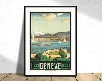 Genève - Jacques David I Travel Art, Switzerland Print, Vintage Poster, Geneve City, Swiss Print, Lake, Mountains, Landscape,Tourism Schweiz