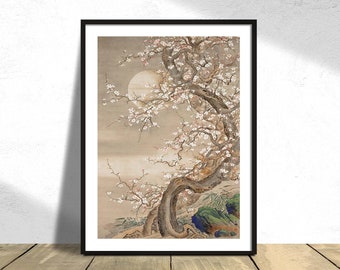 Japanese plum blossoms in moonlight - Sō Shizan | Botanic Print, Poster Reproduction, Retro Poster, Plum Blossoms Poster, Tree Print, Flower