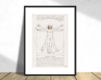 Witruwiański - Leonardo da Vinci |Ilustracja przedstawiająca proporcje postaci ludzkiej, wydruk reprodukcyjny, wystrój renesansowy, plakat z anatomią w stylu vintage, prezent