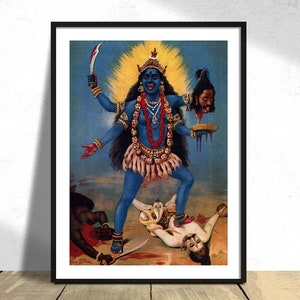 Kali calpestare Shiva, Raja Ravi Varma, poster induista, divinità indiana, poster buddista, arte da parete zen, riproduzione Dec, idea regalo, dea