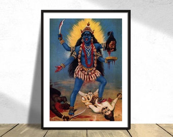 Kali trampling Shiva -Raja Ravi Varma | Hinduism Poster, Indian Goddes, Buddhist Poster, Zen Wall Art, Reproduction Dec, Gift Idea, Goddess