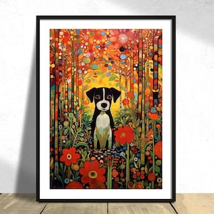 Perro en jardín colorido / arte gráfico, cartel de perro, jardín colorido, estilo Gustav Klimt, estilo Picasso, prado de flores, arte de la naturaleza, impresión de perro