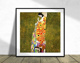 Esperanza II - Gustav Klimt / Arte clásico, estilo Art Nouveau austriaco, reproducción, póster retro y vintage, impresión simbólica, pareja besándose, regalo