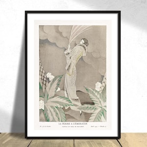 La femme a l'émeraude, Manteau en tigre, de Max-Leroy - Charles Martin | Frau Print, Modekunst, Werbeplakat, Vintage French Print