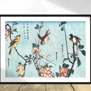 Pájaros y flores japoneses - Utagawa Hiroshige / Ukiyo-e Poster, Impresión vintage, Reproducción, Arte retro, Naturaleza japonesa, Idea de regalo, Japón
