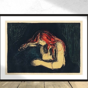 Può includere: Un'incisione su legno in bianco e nero di una donna con lunghi capelli rossi, sdraiata su un fianco con la testa appoggiata sul braccio. La donna è nuda e il suo corpo è contorto in una posa di angoscia. Lo sfondo è scuro e ombreggiato, suggerendo un senso di isolamento e disperazione.