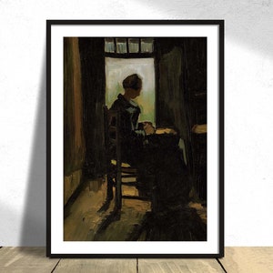 Peasant woman seated before an open door, peeling potatoes - Vincent Van Gogh | Vintage Print, Poster Reproduction, Old Illustration, Woman