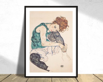 Sittande kvinna med böjt knä - Egon Schiele | Österrikisk expressionismstil, utställningskonst, affischreproduktion, kvinnotryck, presentidé A3 A2